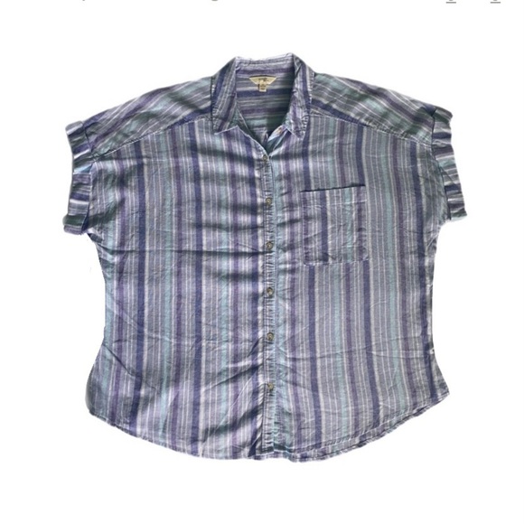 Terra Sky Blouse Chic Relax Button Linen Purple Striped 1X (16-18) Short Sleeve - Picture 1 of 8